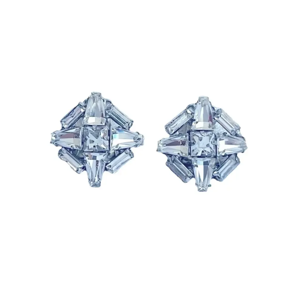 Vtg Weiss Art Deco Revival Clear Rhinestone Clip Earrings MCM Baguettes Signed